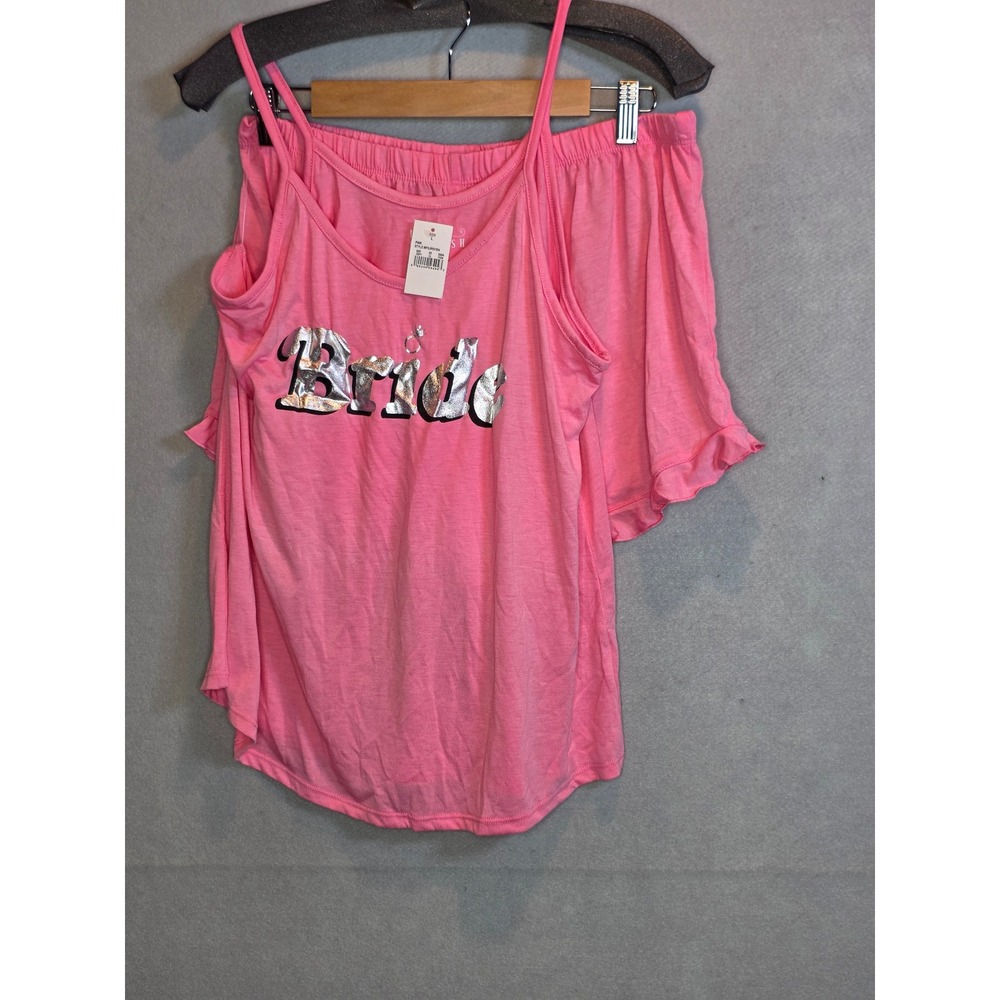 Love & Cherish Pink Bride Pajama Set Cami Shorts Silver Foil Distressed Large